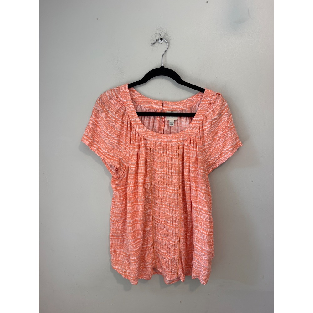 St. Johns Bay Womens PXL Coral Orange White Geometric Rayon Scoop Neck Blouse